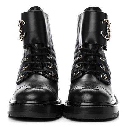 Chanel Shiny Lambskin Quilted Lace Up Combat Boots 38 Black 2 of 12