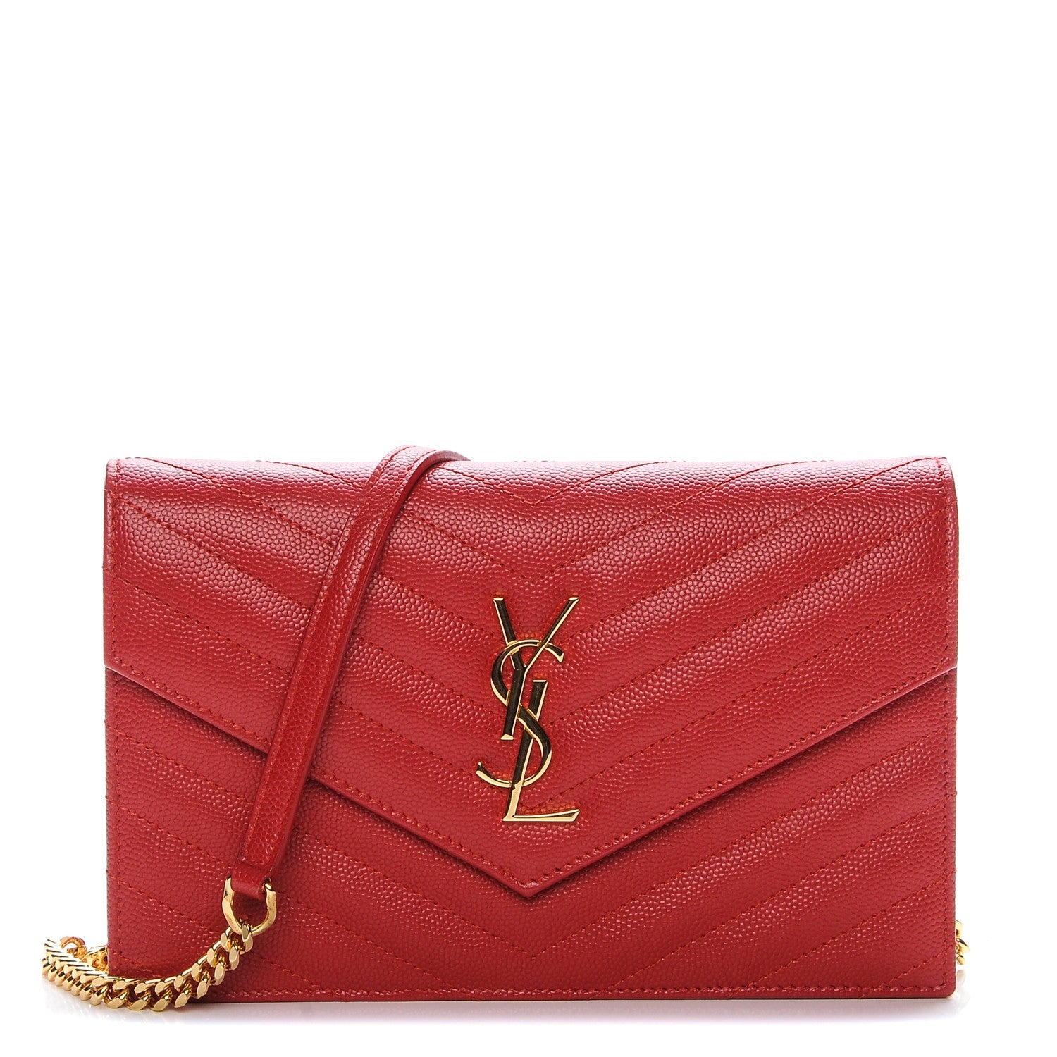 Saint Laurent Grain De Poudre Matelasse Chevron Monogram Envelope Chain Wallet New Red 1 of 6