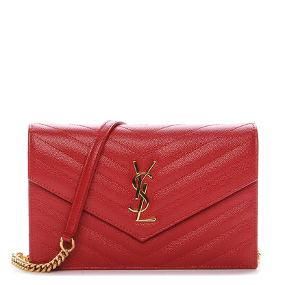 Saint Laurent Grain De Poudre Matelasse Chevron Monogram Envelope Chain Wallet New Red 1 of 6