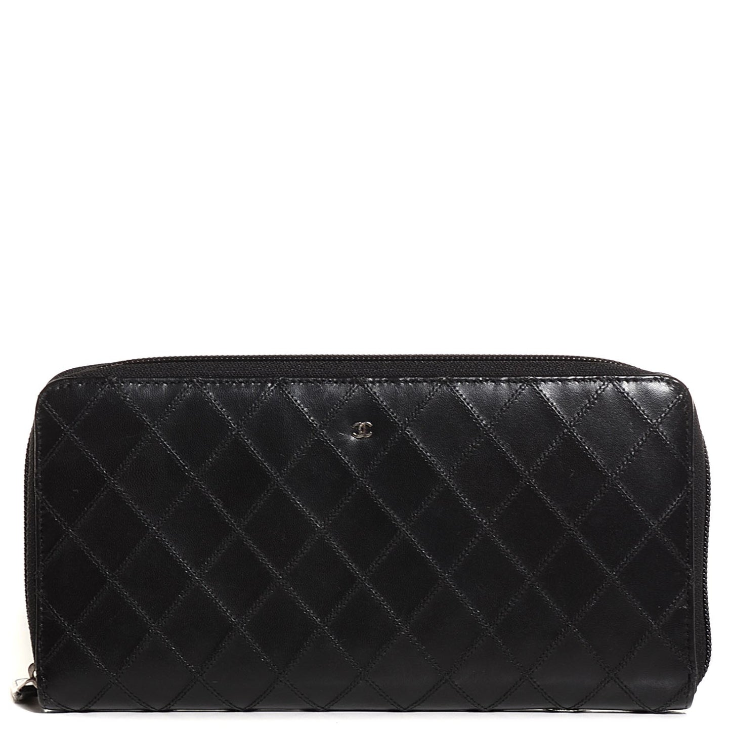 Lambskin Diamond Stitched Large Zip Around Wallet Black