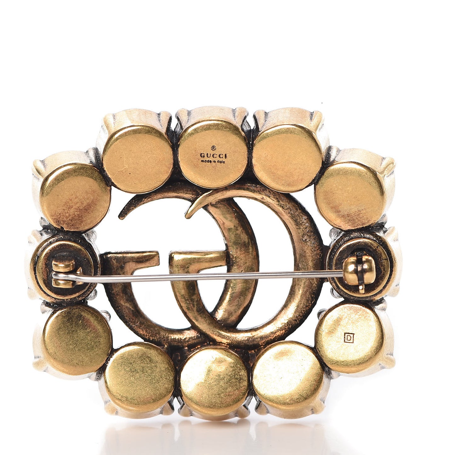 Metal Crystal Double G Brooch Aged Gold