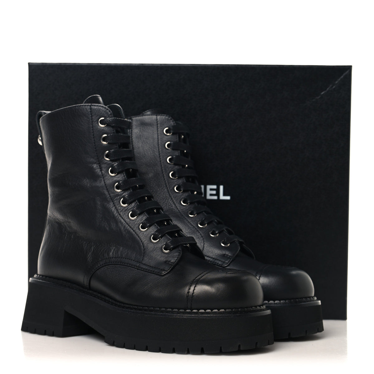 Chanel Calfskin Cap Toe Lace Up Combat Boots 38 Black 10 of 10