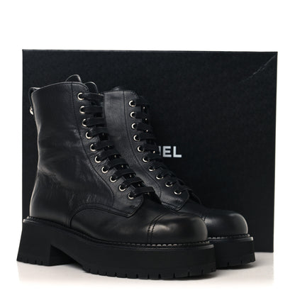 Chanel Calfskin Cap Toe Lace Up Combat Boots 38 Black 10 of 10