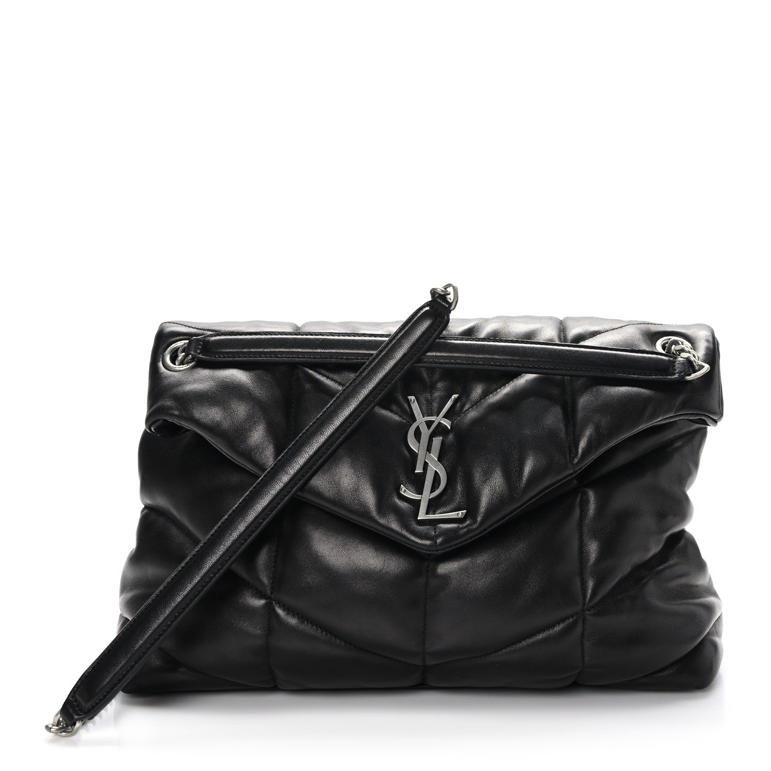 Saint Laurent Lambskin Quilted Medium Loulou Puffer Monogram Chain Satchel Black 1 of 9