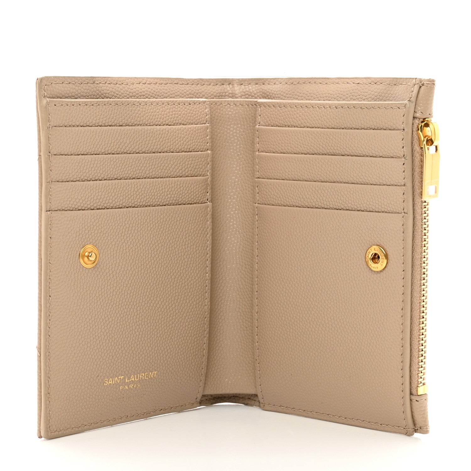 Saint Laurent Grain De Poudre Matelasse Chevron Cassandre Fragments Zipperred Bi-Fold Wallet Dark Beige 5 of 7