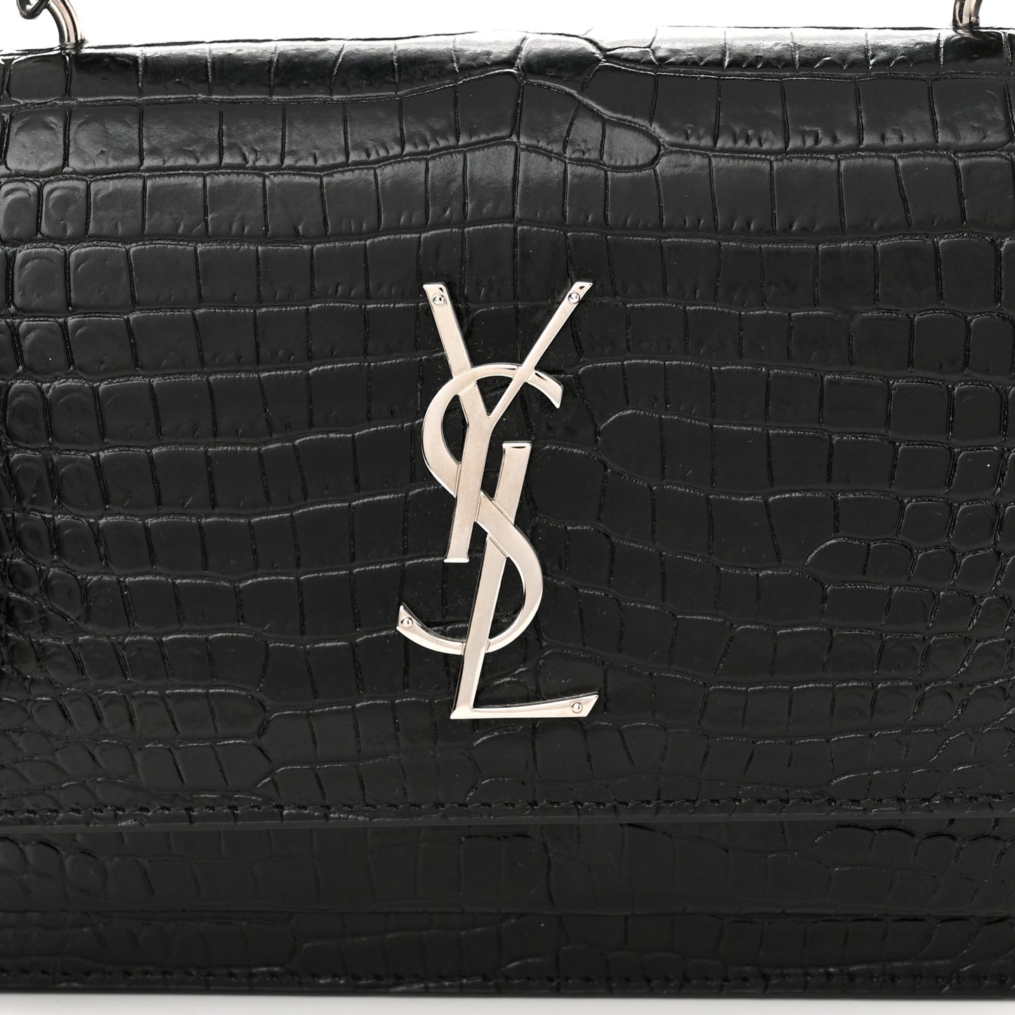 Calfskin Crocodile Embossed Monogram Sunset Top Handle Chain Wallet Black