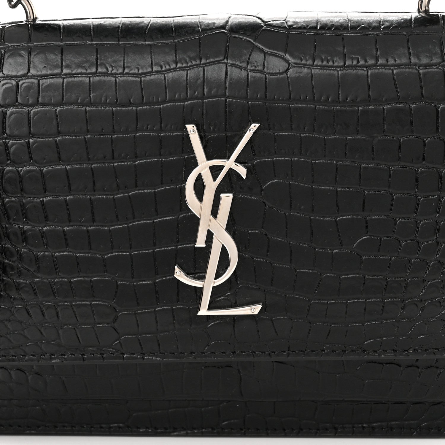 Saint Laurent Calfskin Crocodile Embossed Monogram Sunset Top Handle Chain Wallet Black 7 of 9