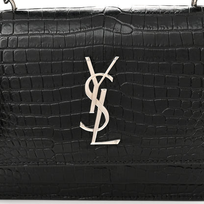 Saint Laurent Calfskin Crocodile Embossed Monogram Sunset Top Handle Chain Wallet Black 7 of 9