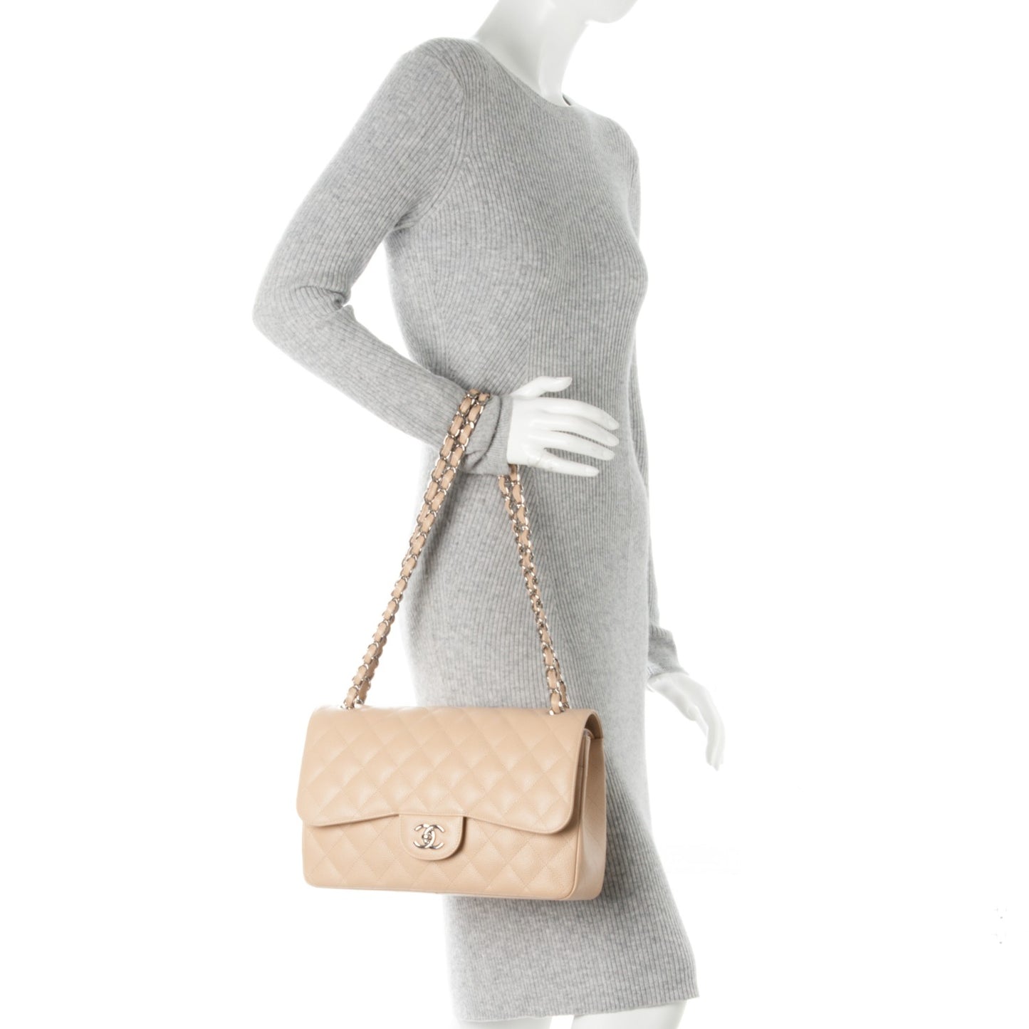 Caviar Quilted Jumbo Double Flap Beige Clair