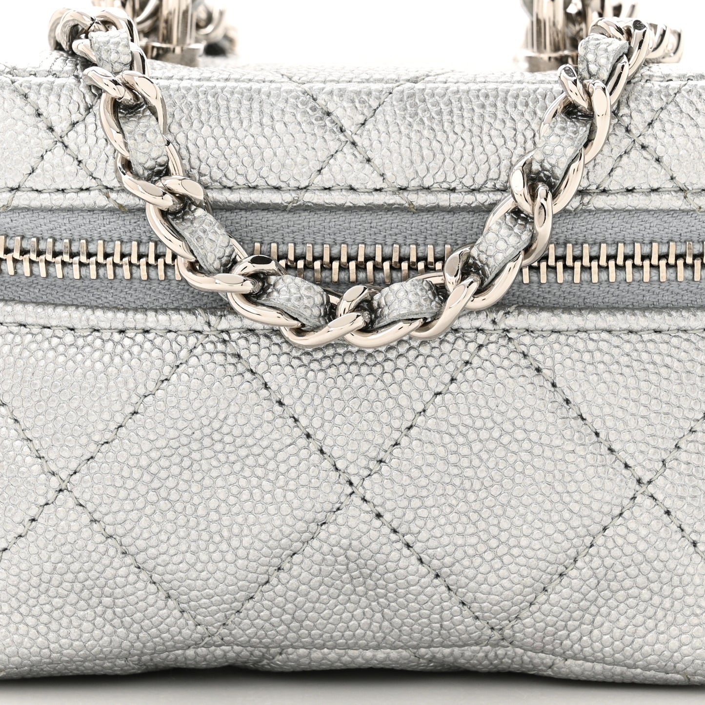 Metallic Caviar Quilted Mini Top Handle Vanity With Chain Silver