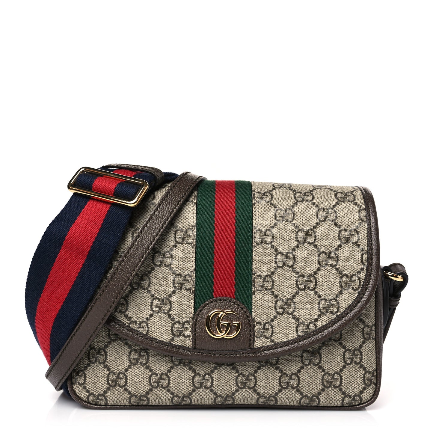 GG Supreme Monogram Textured Dollar Calfskin Web Studded Mini Ophidia Flap Shoulder Bag Beige Ebony New Acero