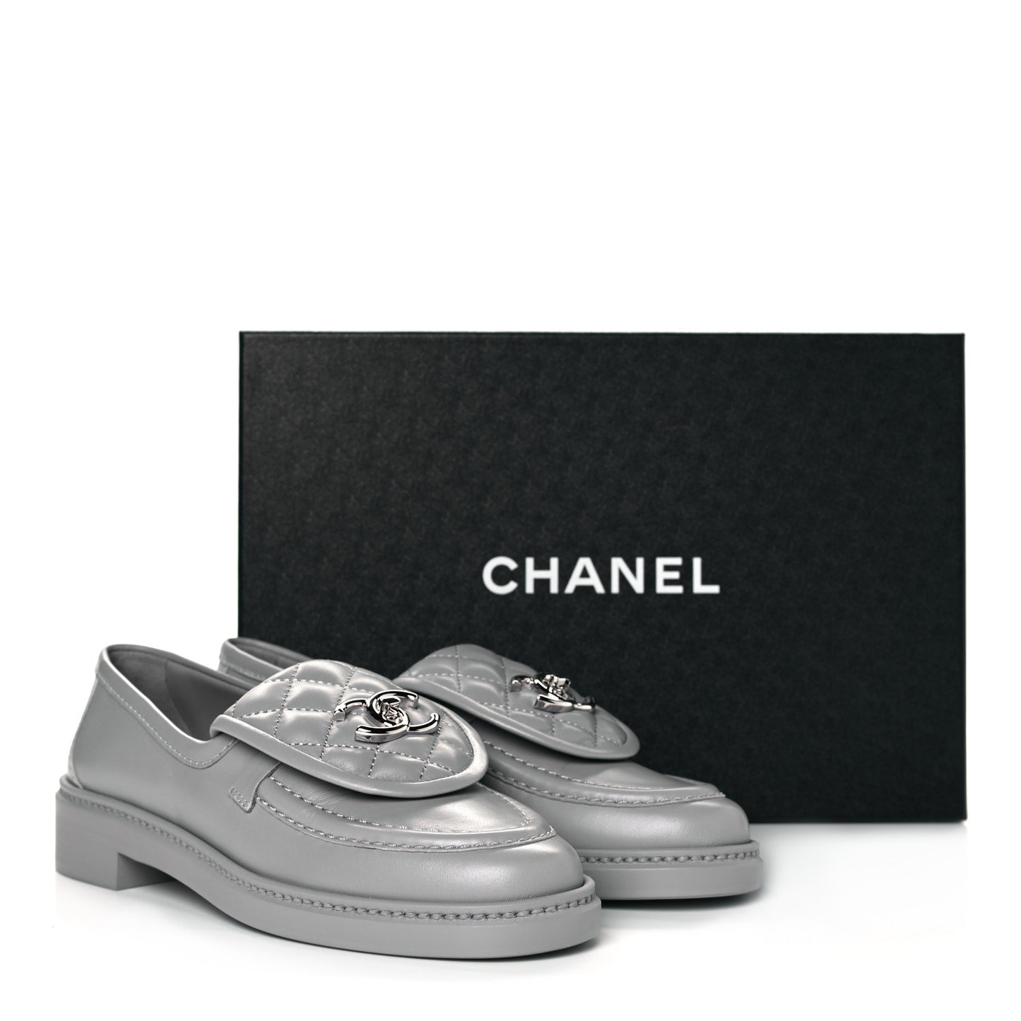 Lambskin Quilted CC Turnlock Loafers 36.5 Grey
