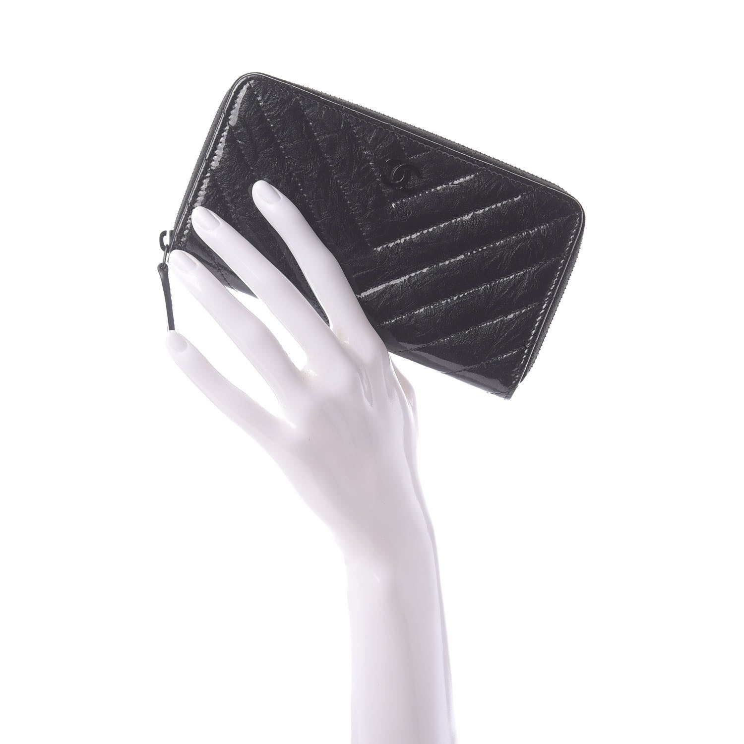Chanel Metallic Crumpled Patent Calfskin Chevron Quilted Medium Zip Around Wallet Black 2 of 10