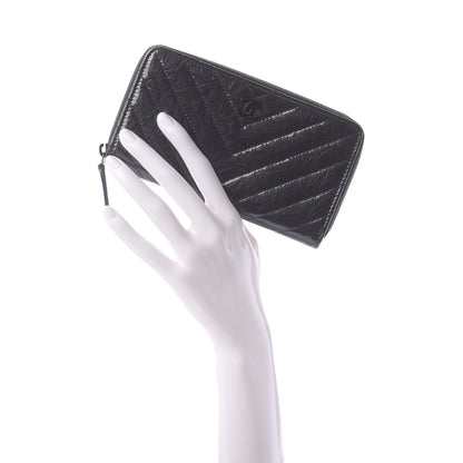 Chanel Metallic Crumpled Patent Calfskin Chevron Quilted Medium Zip Around Wallet Black 2 of 10