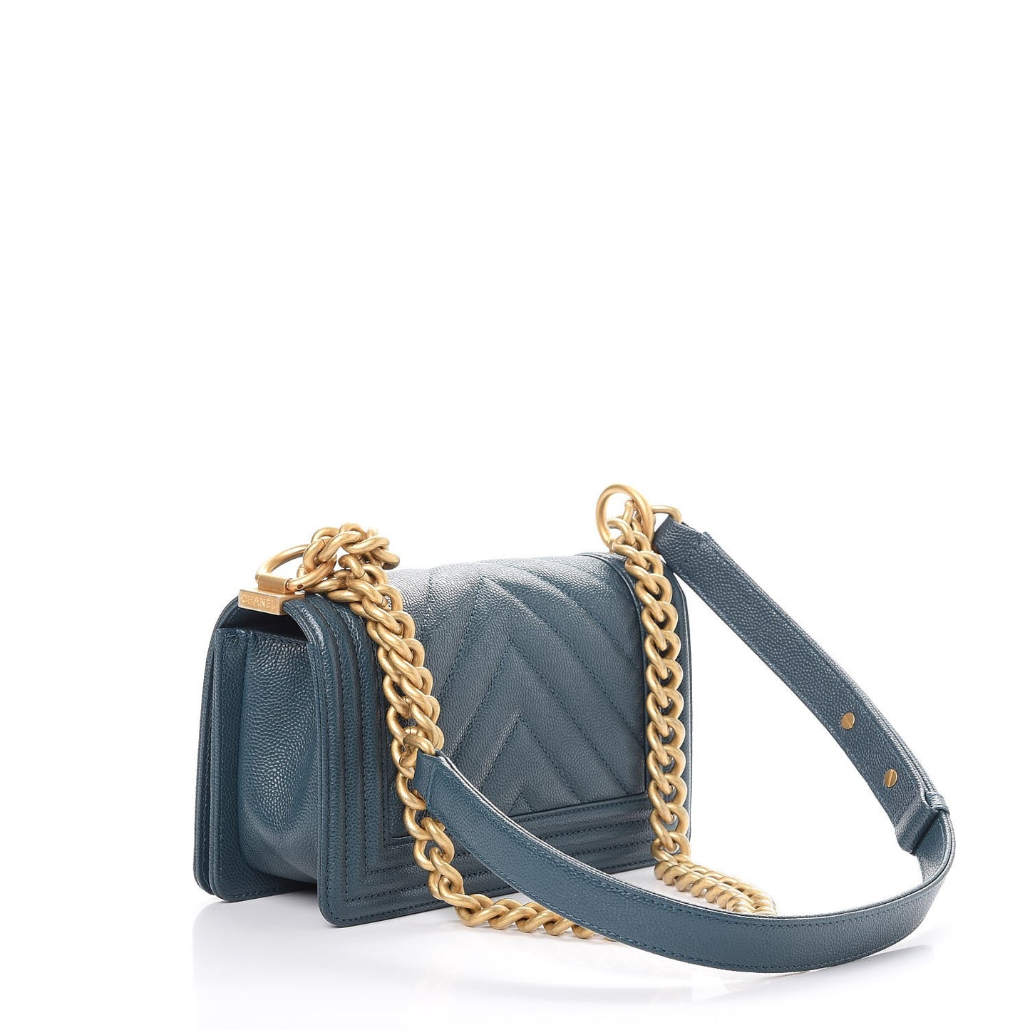 Caviar Chevron Quilted Small Boy Flap Blue