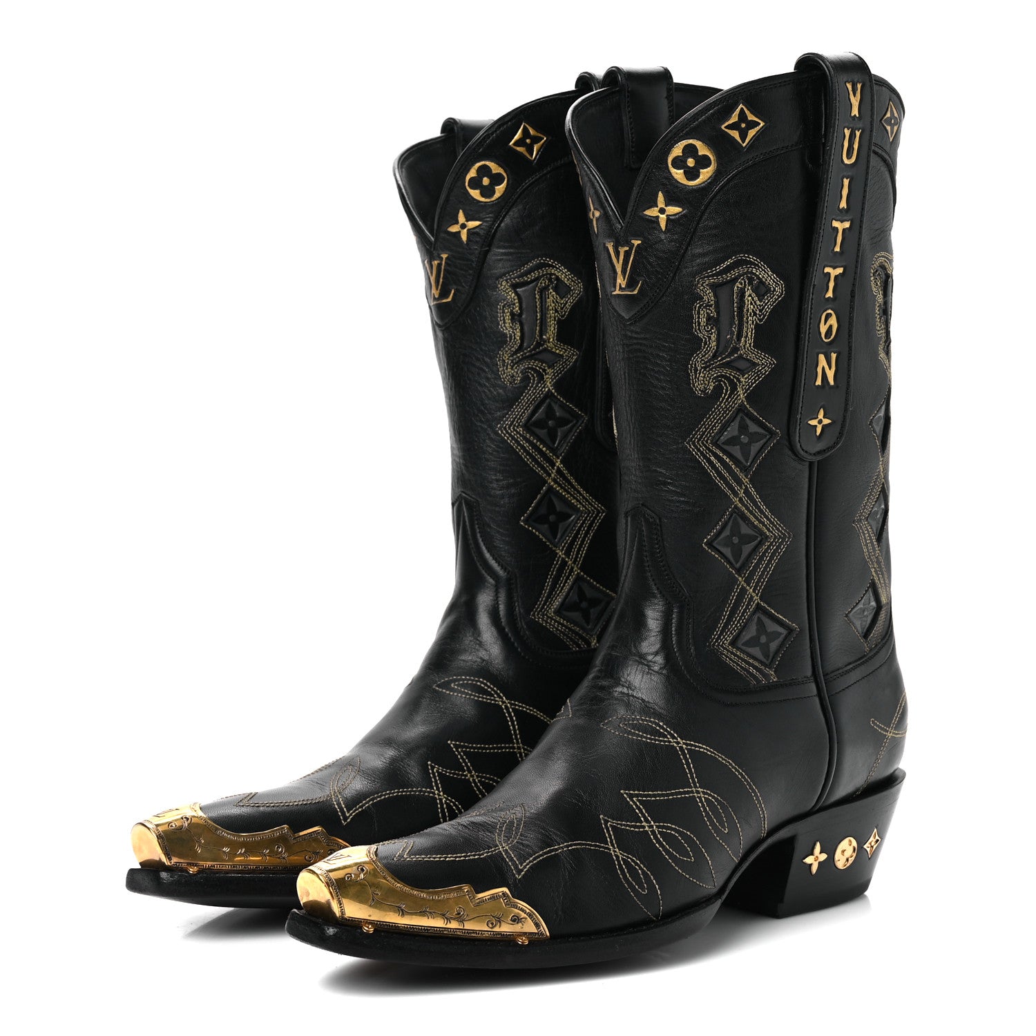 Louis Vuitton Calfskin LV Texan Mens Rider Boots 7.5 Black Gold 4 of 11