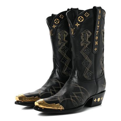 Louis Vuitton Calfskin LV Texan Mens Rider Boots 7.5 Black Gold 4 of 11