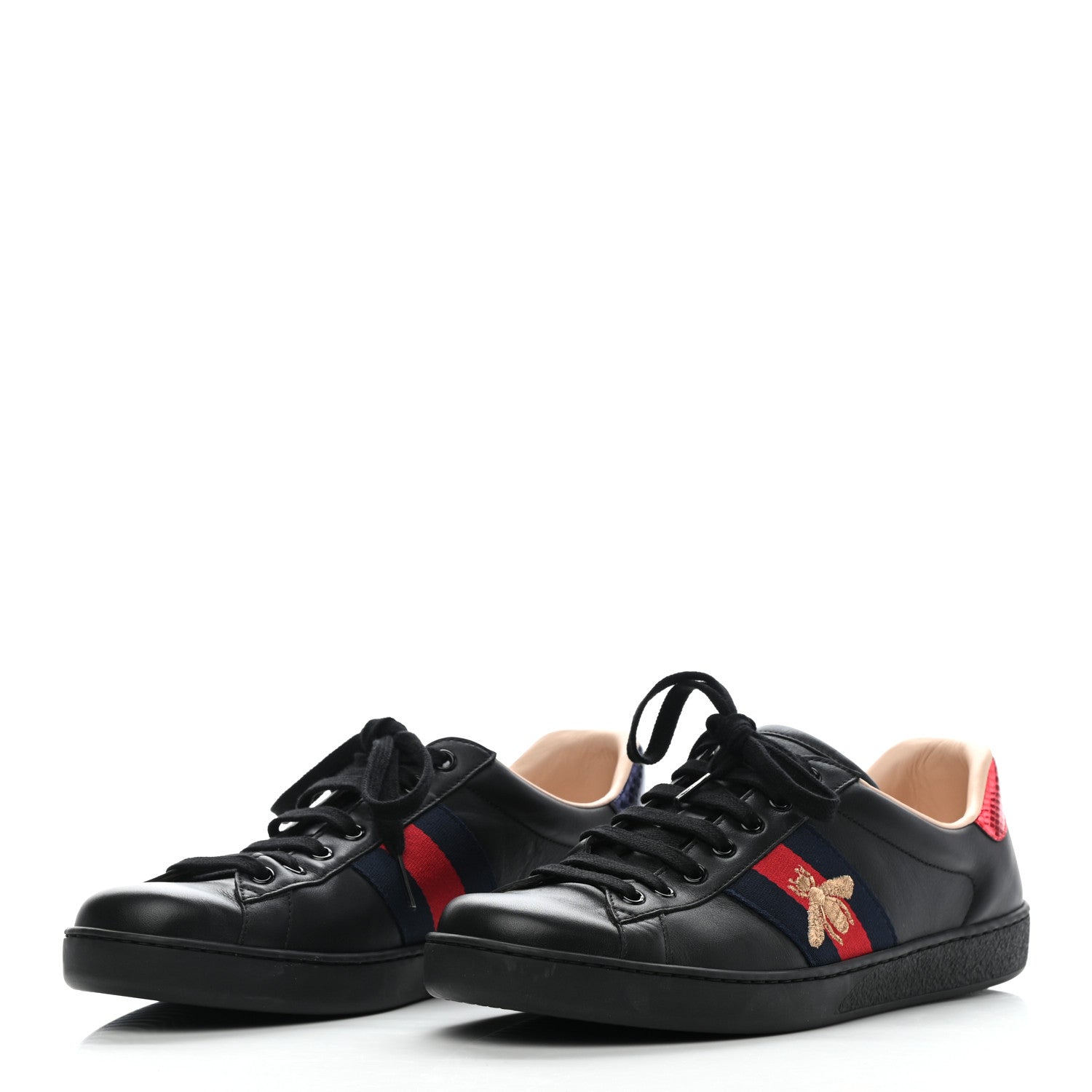 Gucci Miro Soft Calfskin Laminated Ayers Web Bee Embroidered Mens Ace Sneakers 8.5 Black Red Flame Night 3 of 10