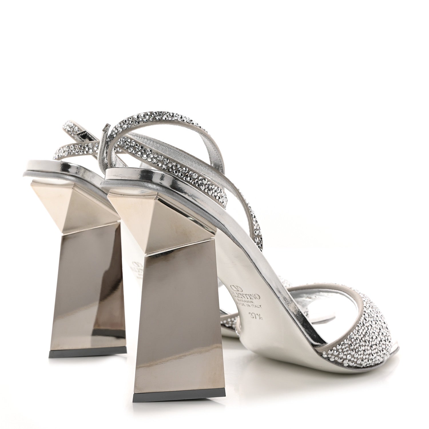Valentino Garavani Metallic Pebbled Calfskin Rockstud Asymmetric 100mm Sandals 37.5 Silver 4 of 10