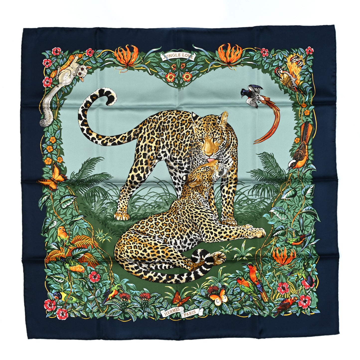 Silk Jungle Love Scarf 90 Marine Vert Orange