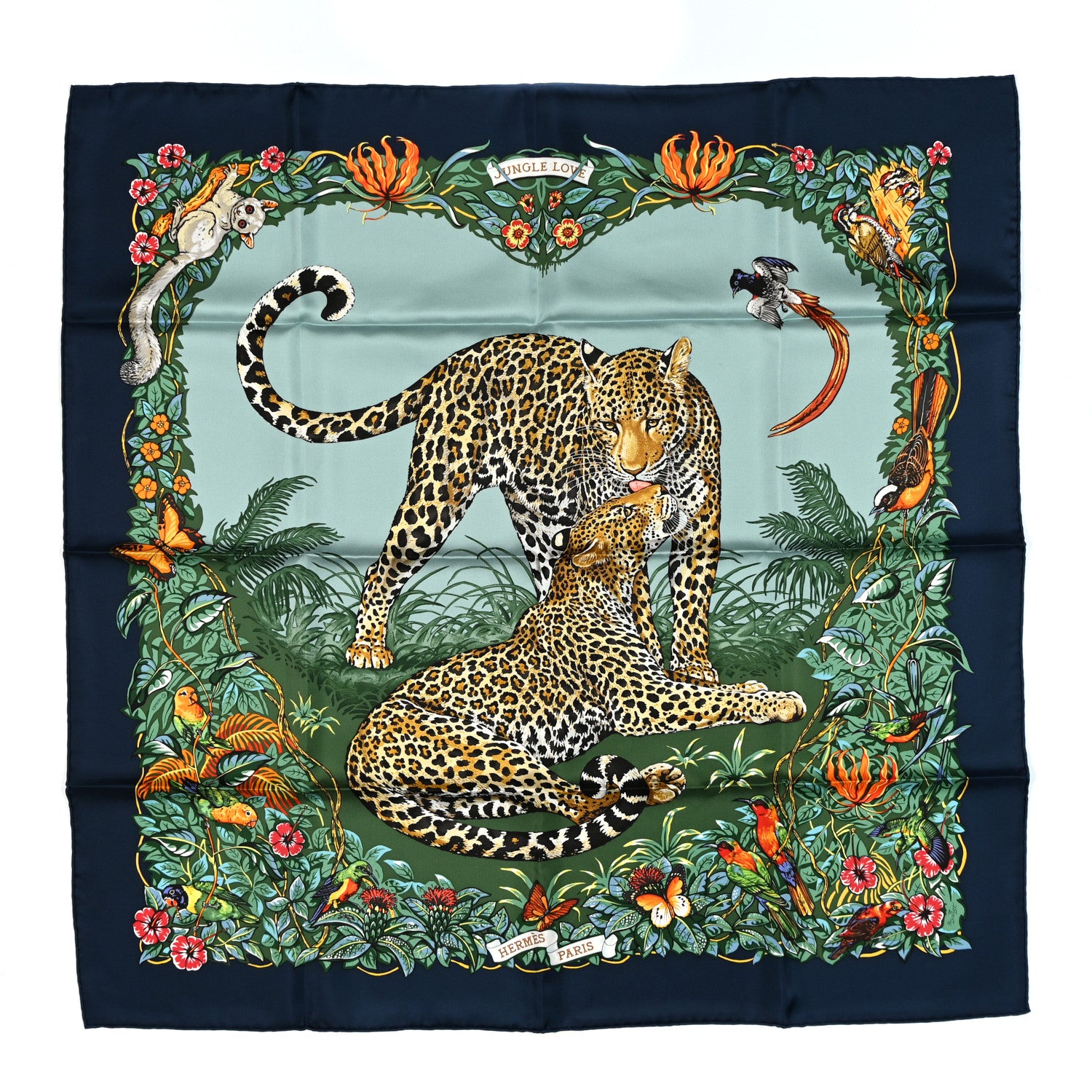 Hermes Silk Jungle Love Scarf 90 Marine Vert Orange 1 of 3