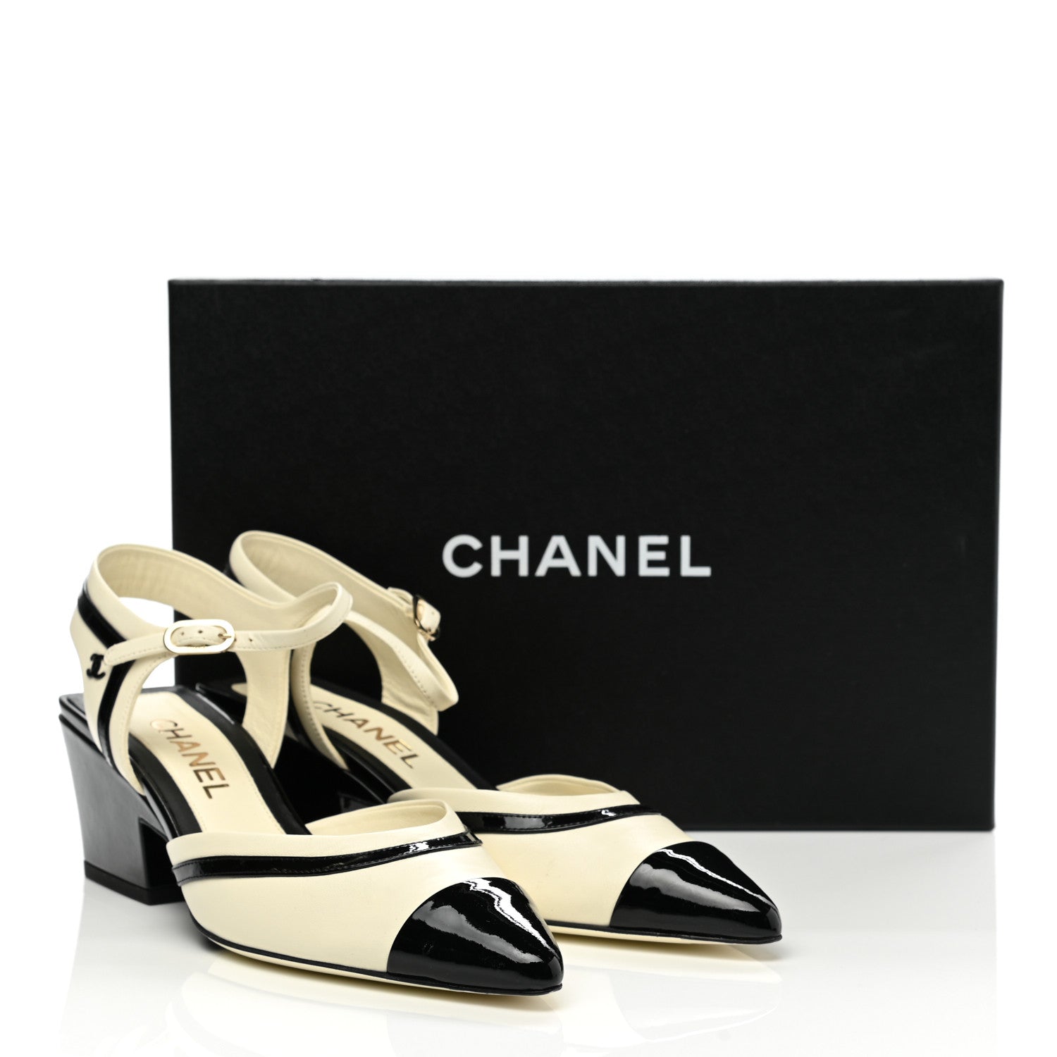 Chanel Lambskin Patent Cap Toe CC Slingback Sandals 38 Ivory Black 1 of 11