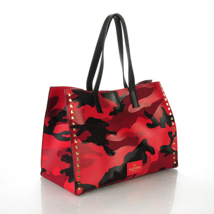 Valentino Garavani Nappa Canvas Camouflage Medium Rockstud Soft Tote Red 3 of 7