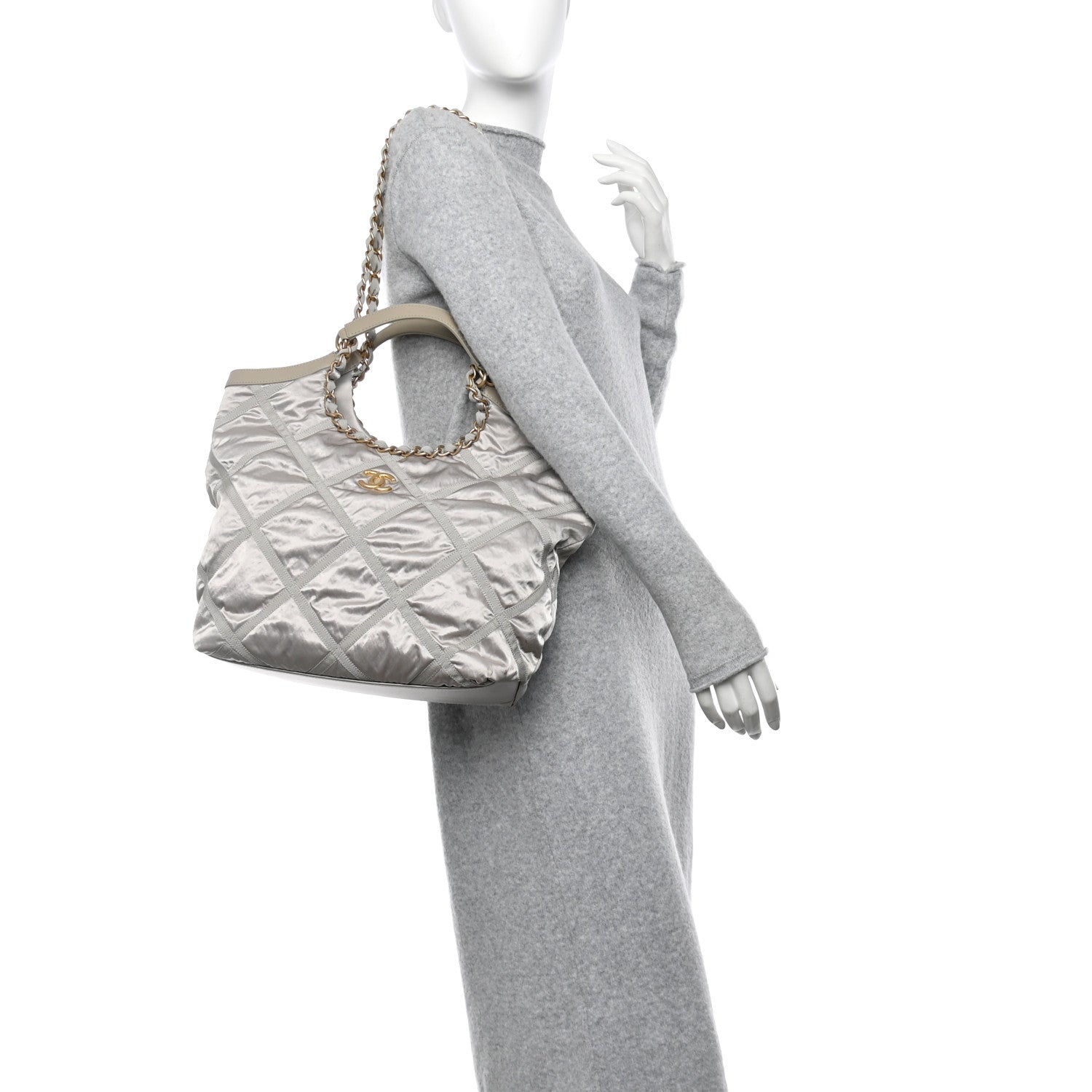 Chanel Nylon Grosgrain Quilted Lifestyle Shopping Bag Grey 2 of 14