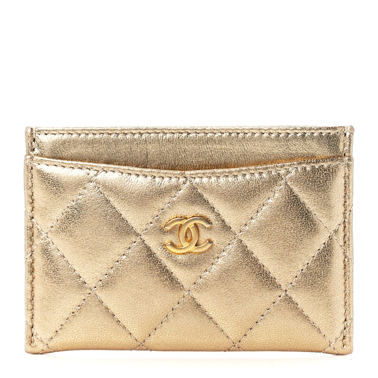 Metallic Lambskin Quilted CC Card Holder Gold