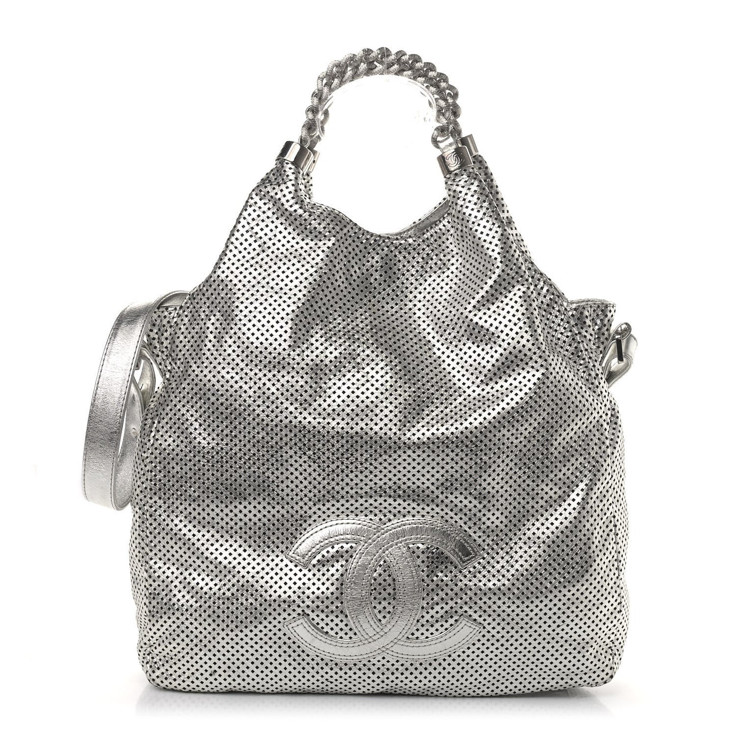 Metallic Glazed Calfskin Perforated Medium Rodeo Drive Tote Silver