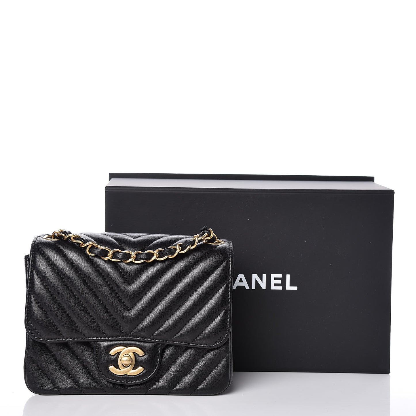 Lambskin Chevron Quilted Mini Square Flap Black