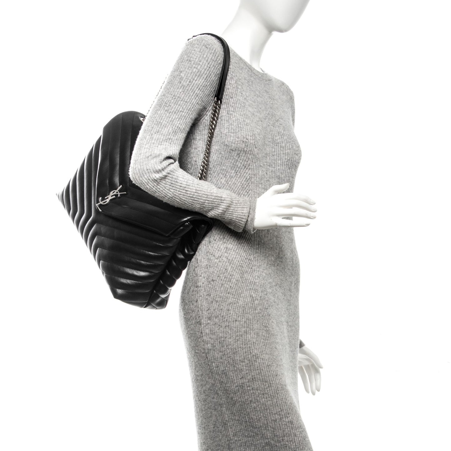 Calfskin Y Quilted Monogram Large Loulou Chain Satchel Black