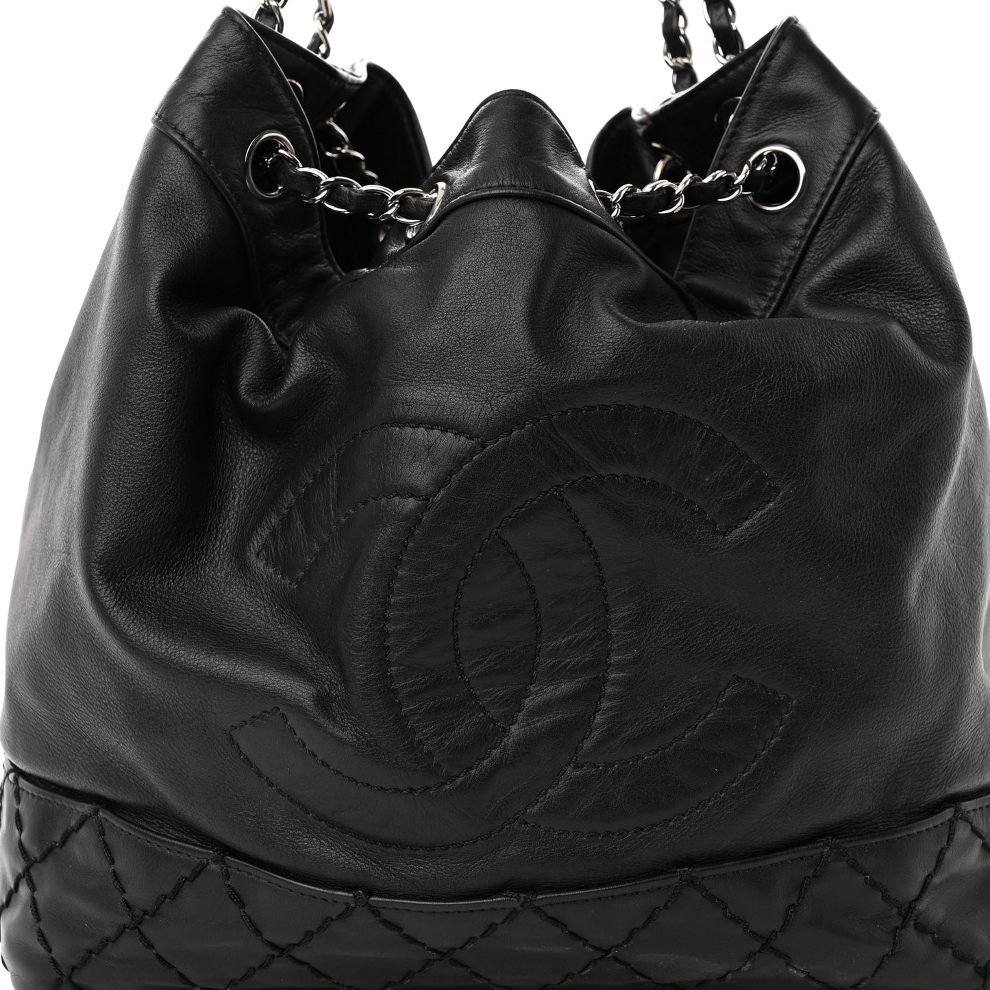 Calfskin Drawstring CC Bucket Bag Black