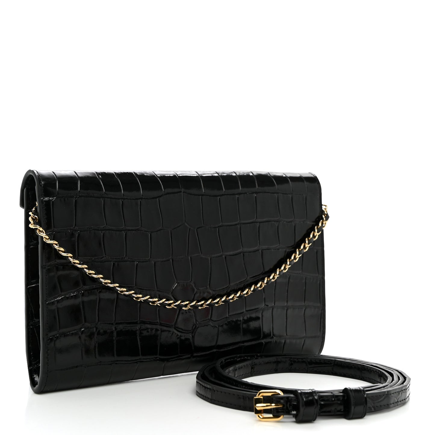 Calfskin Crocodile Embossed Envelope Clutch With Strap Black