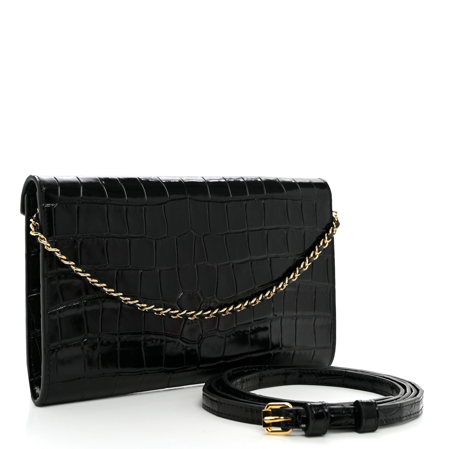 Chanel Calfskin Crocodile Embossed Envelope Clutch With Strap Black 3 of 9