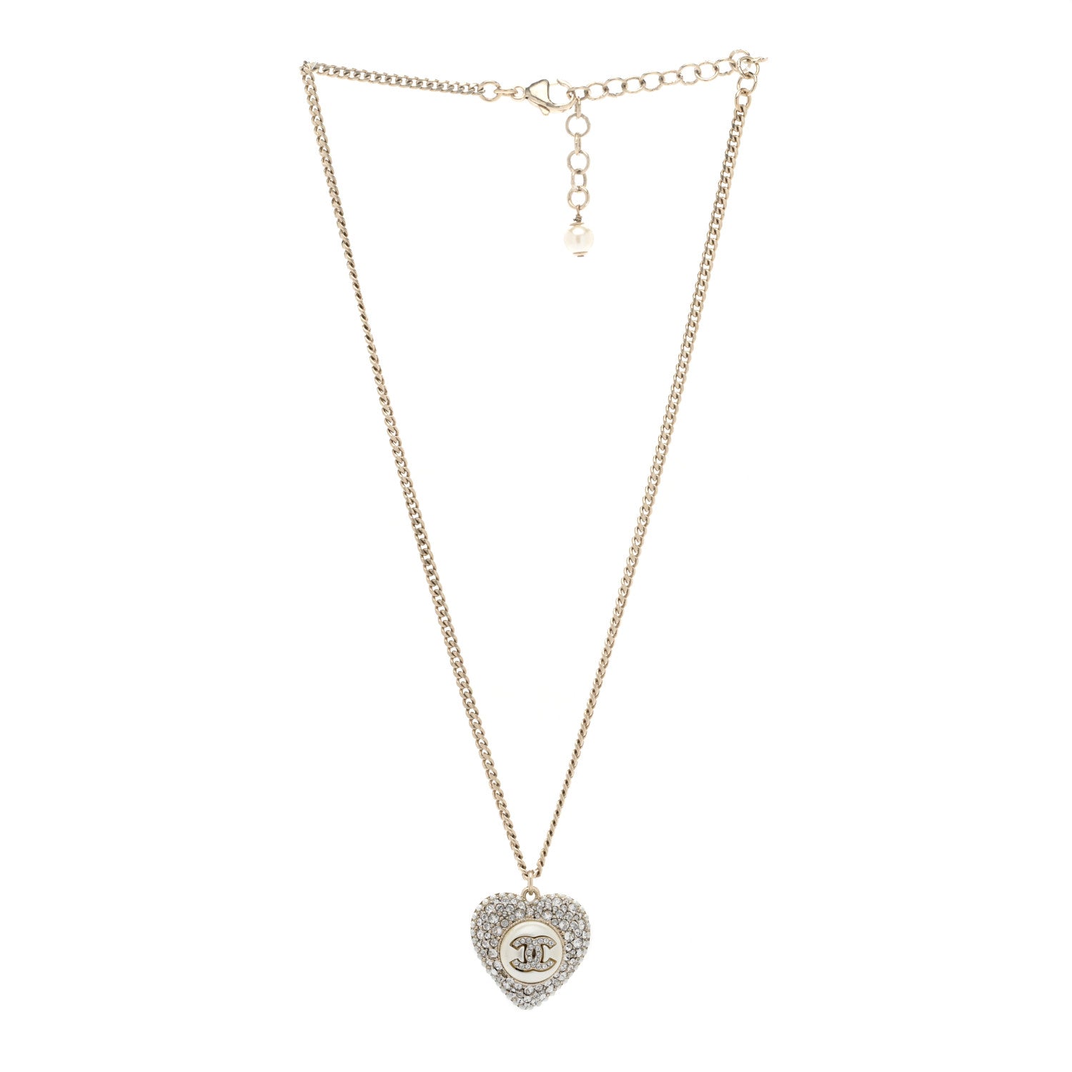 Chanel Pearl Crystal CC Heart Necklace Gold 3 of 4