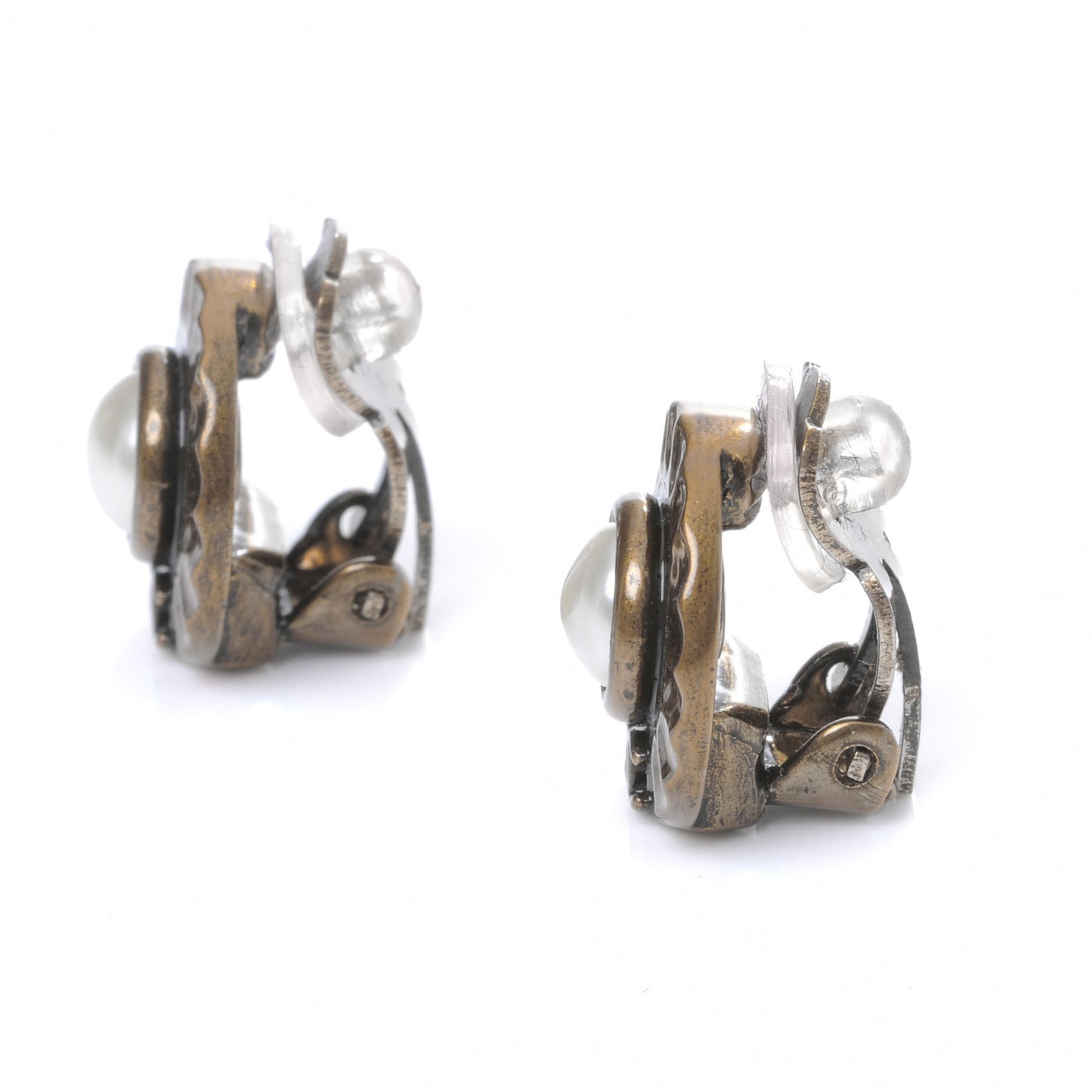 Faux Pearl CC Clip On Earrings Antique Bronze