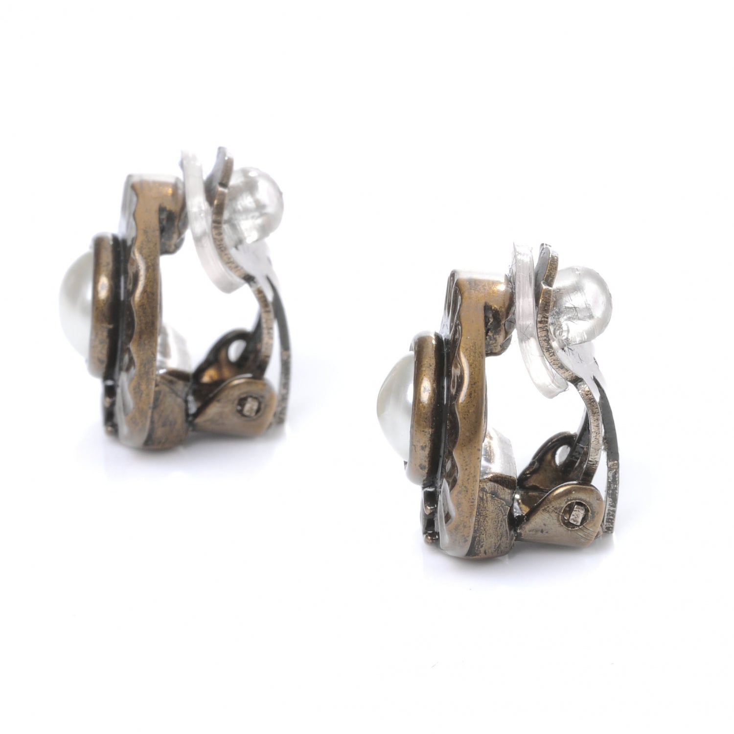 Chanel Faux Pearl CC Clip On Earrings Antique Bronze 3 of 4