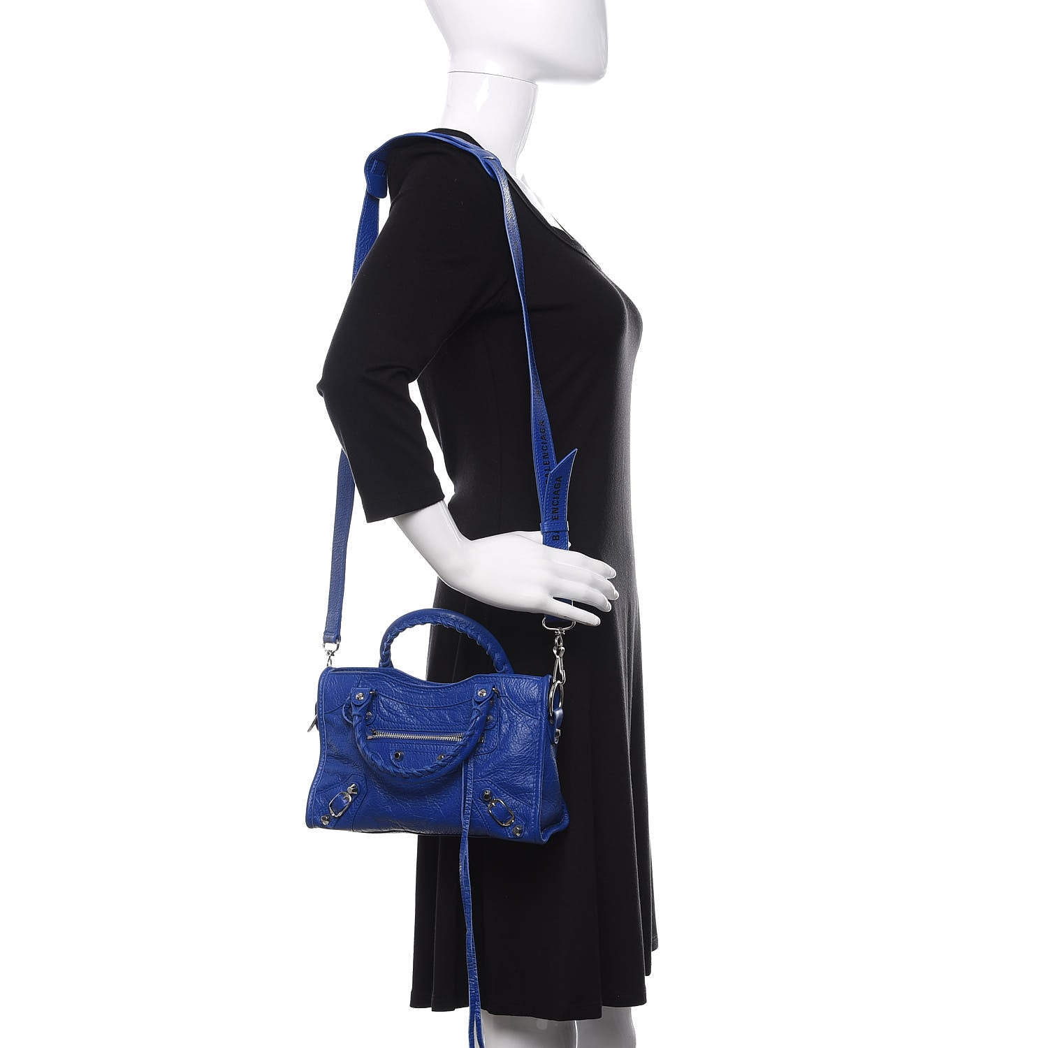 Balenciaga Agneau Classic Silver Hardware Mini City Logo Strap Bleu Electric Black 2 of 10