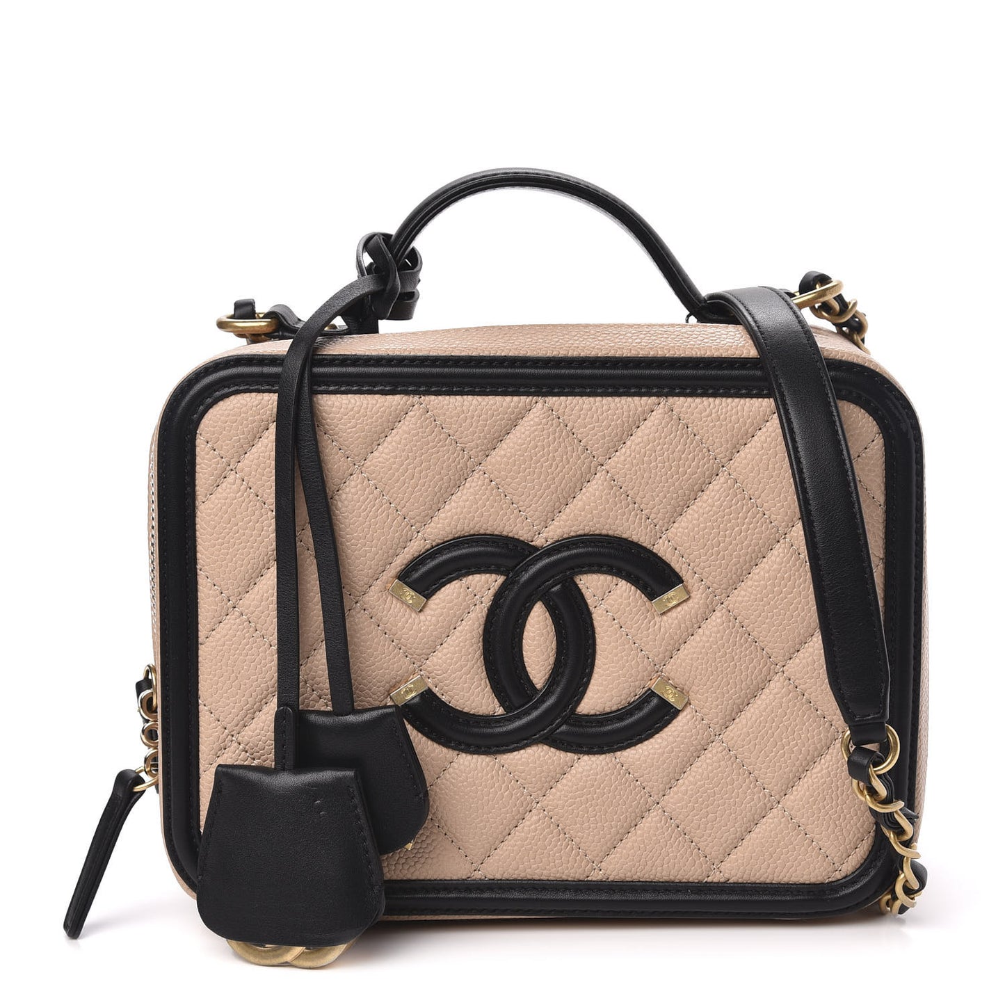 Caviar Quilted Medium CC Filigree Vanity Case Beige Black
