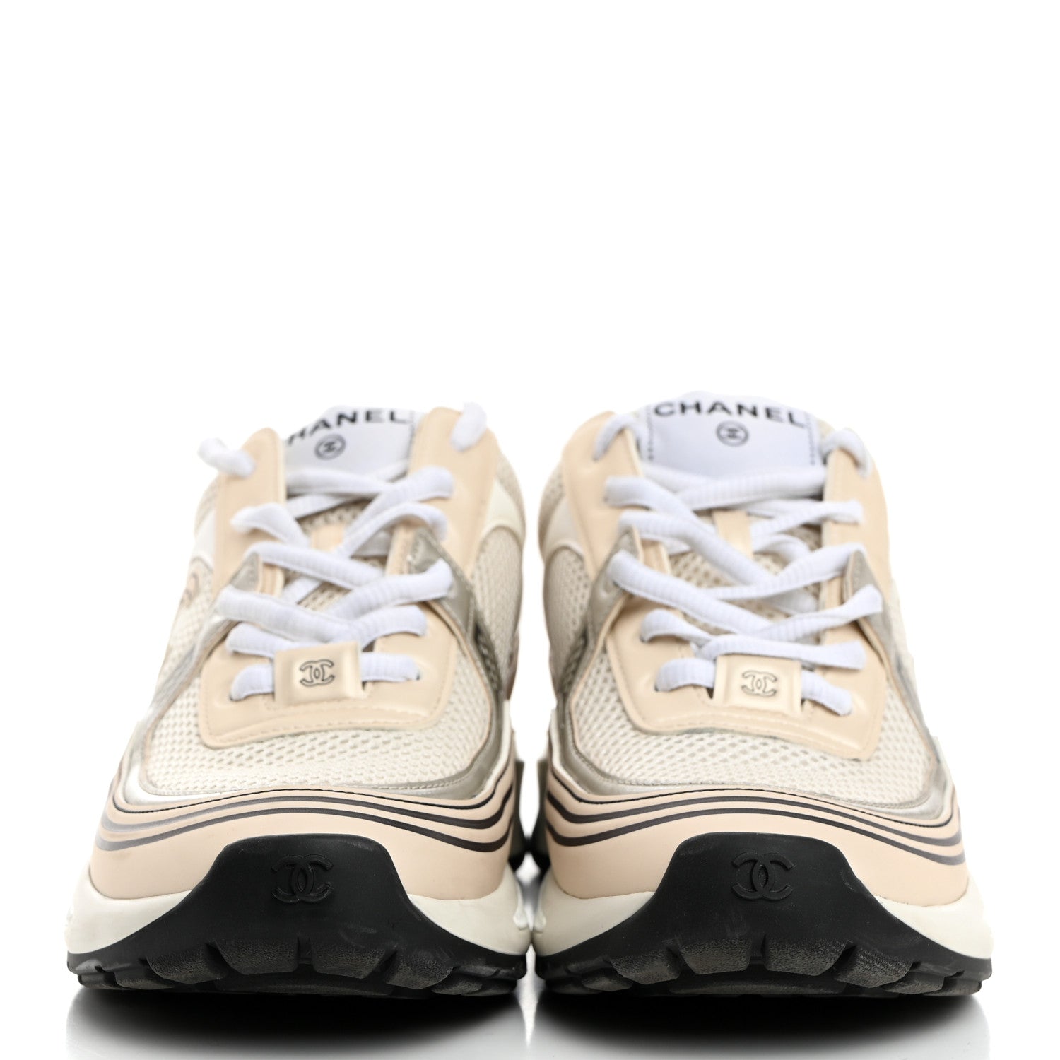Chanel Fabric Laminated Calfskin Stretch CC Sneakers 38 White Gold Silver 2 of 9