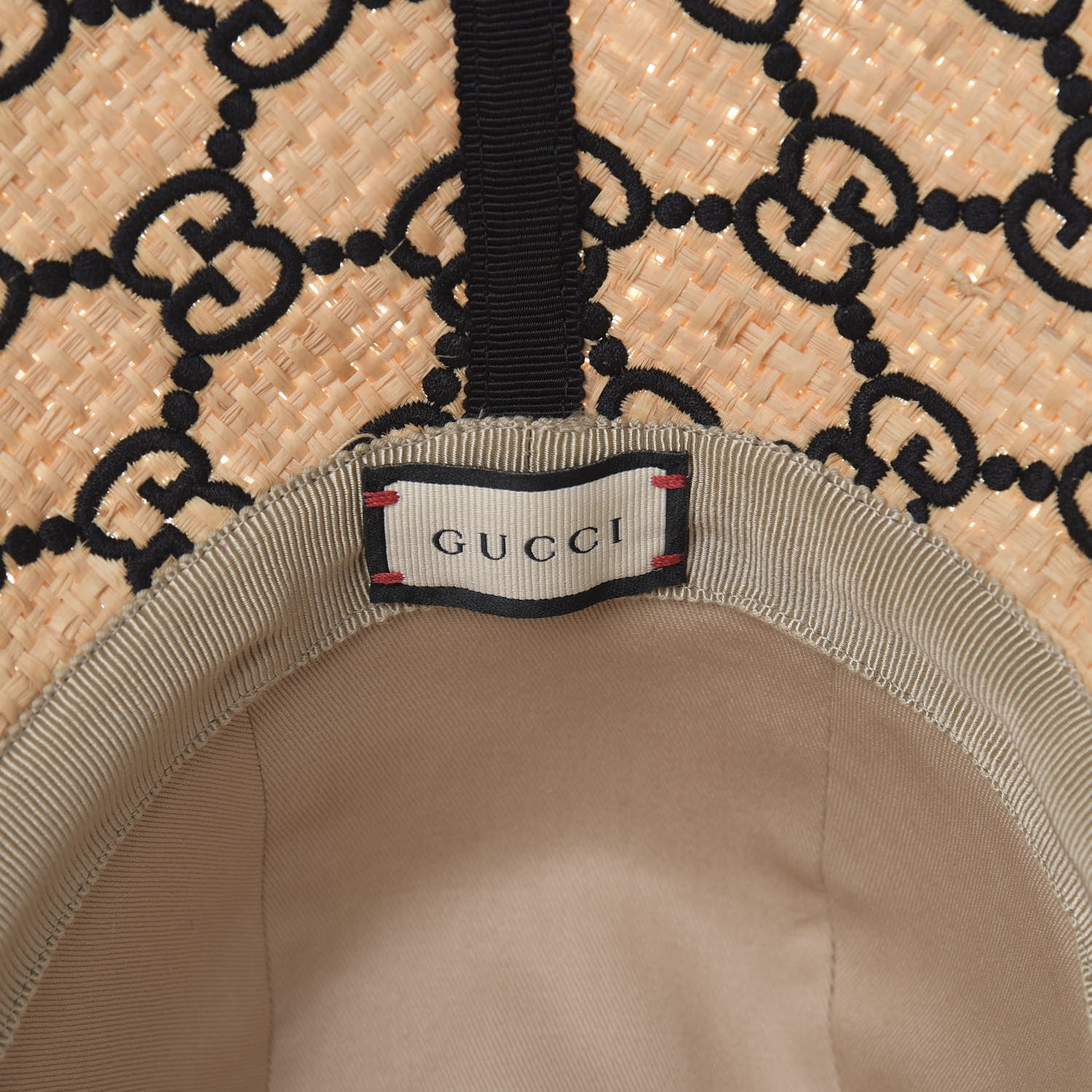 Gucci Raffia Elaphe GG Monogram Embroidered Wide Brim Hat Ivory Black 6 of 7