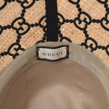 Gucci Raffia Elaphe GG Monogram Embroidered Wide Brim Hat Ivory Black 6 of 7