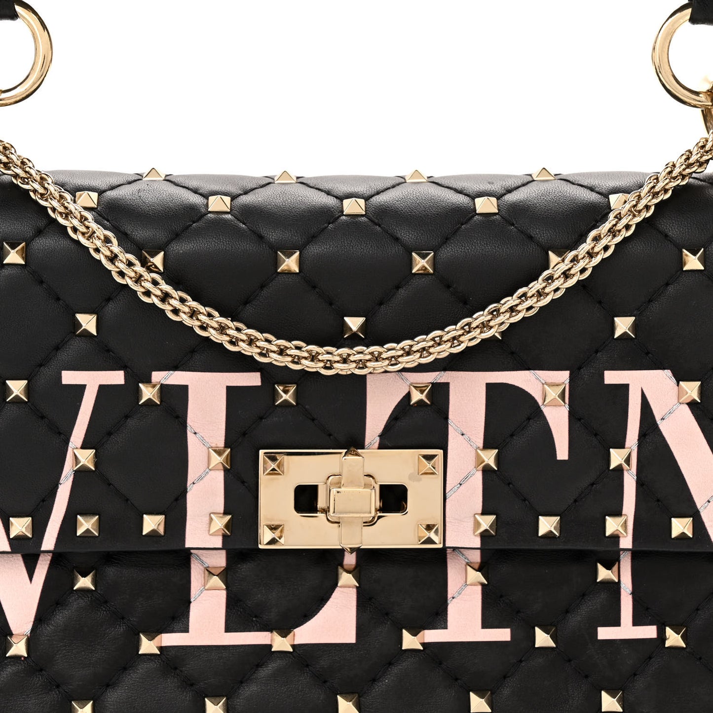 Lambskin VLTN Print Medium Rockstud Spike Shoulder Bag Black
