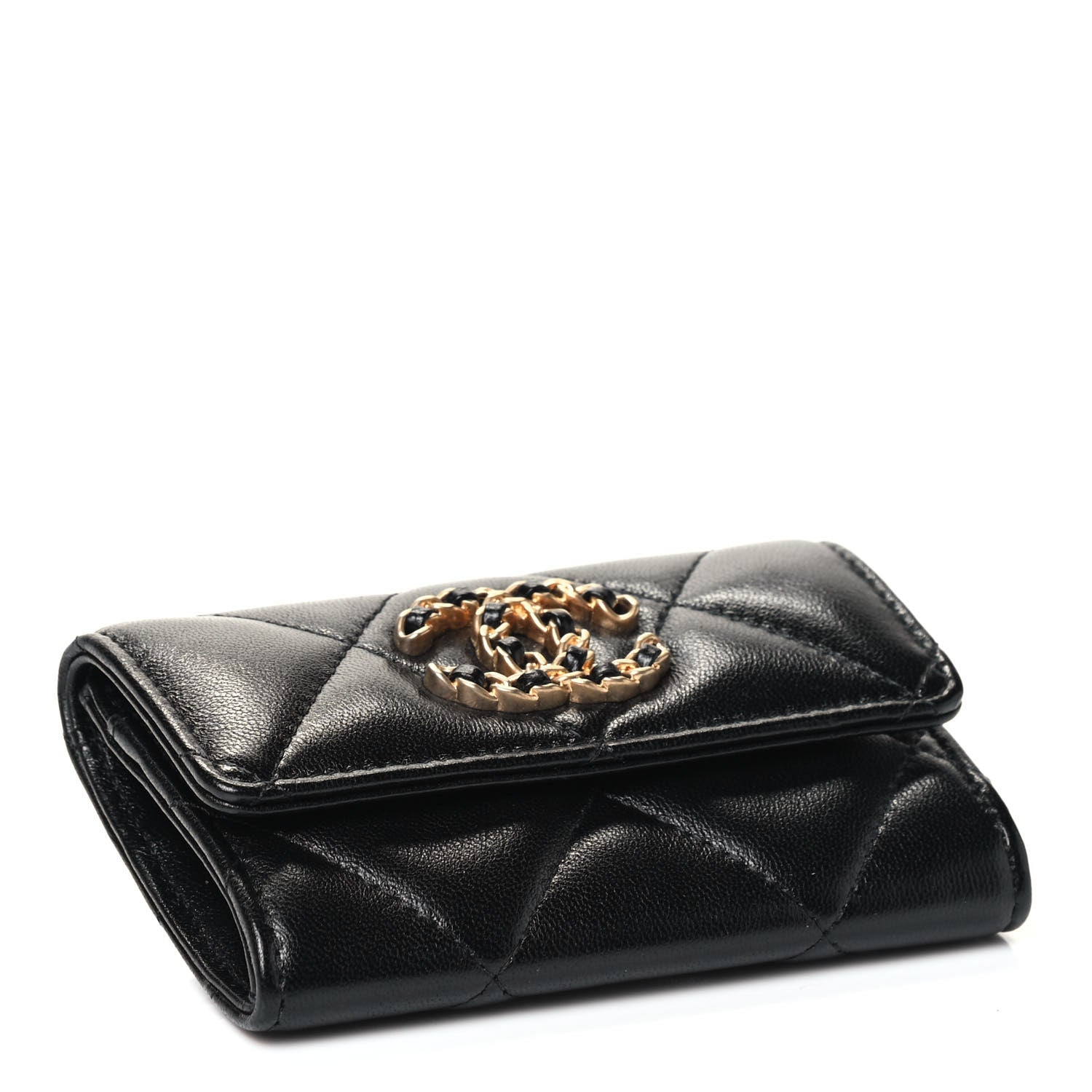 Chanel Shiny Goatskin Quilted Chanel 19 Flap Card Holder Black 3 of 4