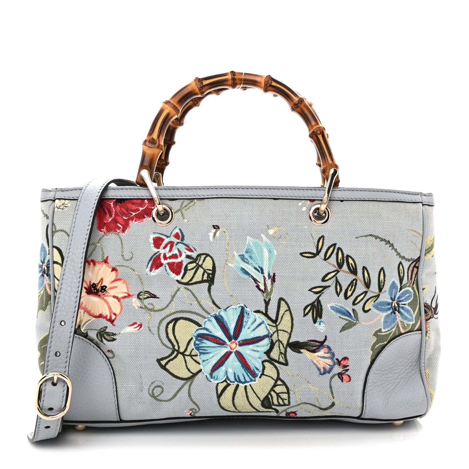 Gucci Canvas Cellarius Calfskin Flora Knight Medium Bamboo Shopper Tote Light Blue 1 of 13