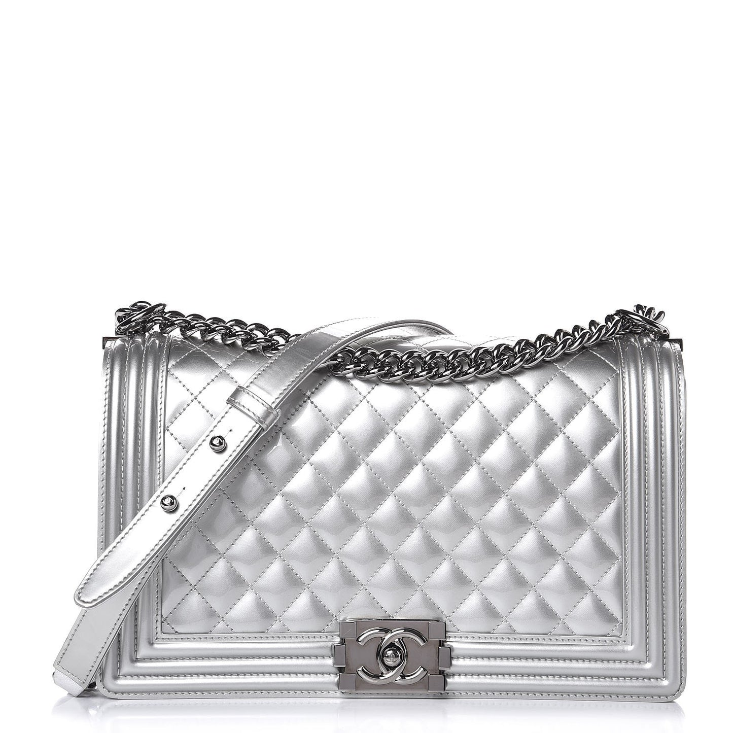 Metallic Patent Quilted New Medium Boy Flap Silver