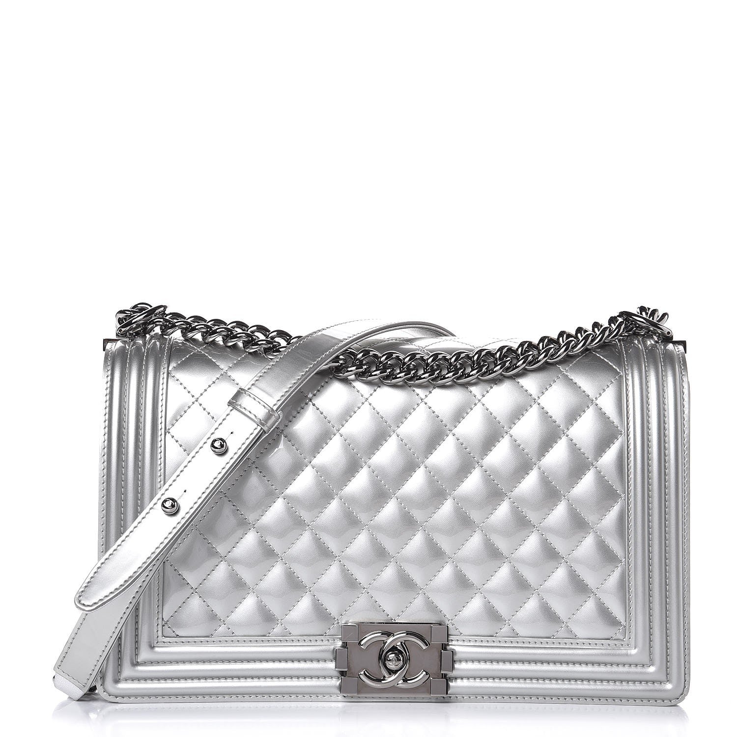 Chanel Metallic Patent Quilted New Medium Boy Flap Silver 1 of 12