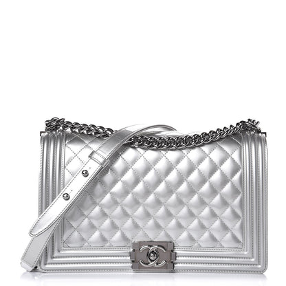 Chanel Metallic Patent Quilted New Medium Boy Flap Silver 1 of 12