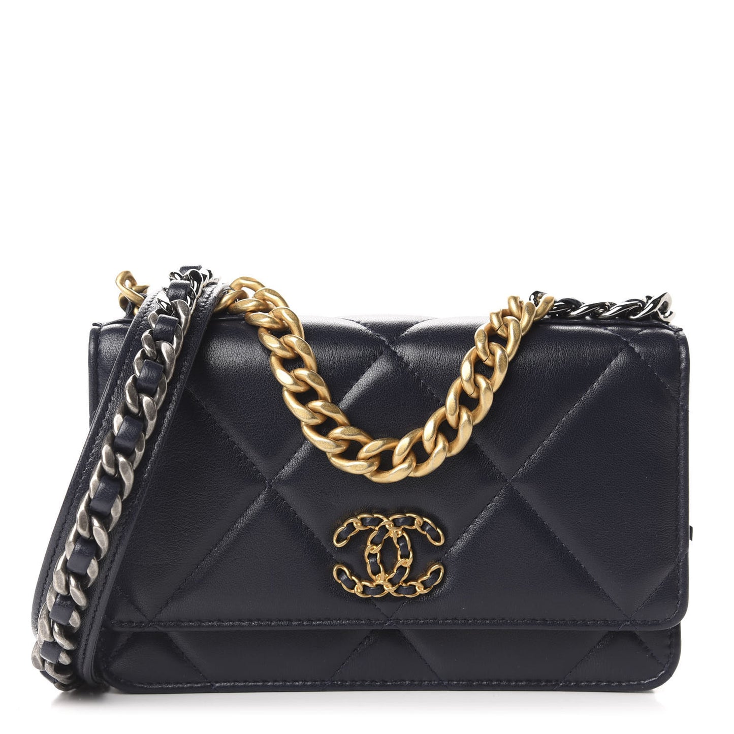 Lambskin Quilted 19 Wallet On Chain WOC Navy Blue